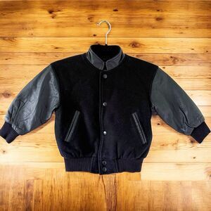 Vintage 80s/90s Black Kids Varsity Bomber Wool Leather Coat Jacket Boys Sz 2-4